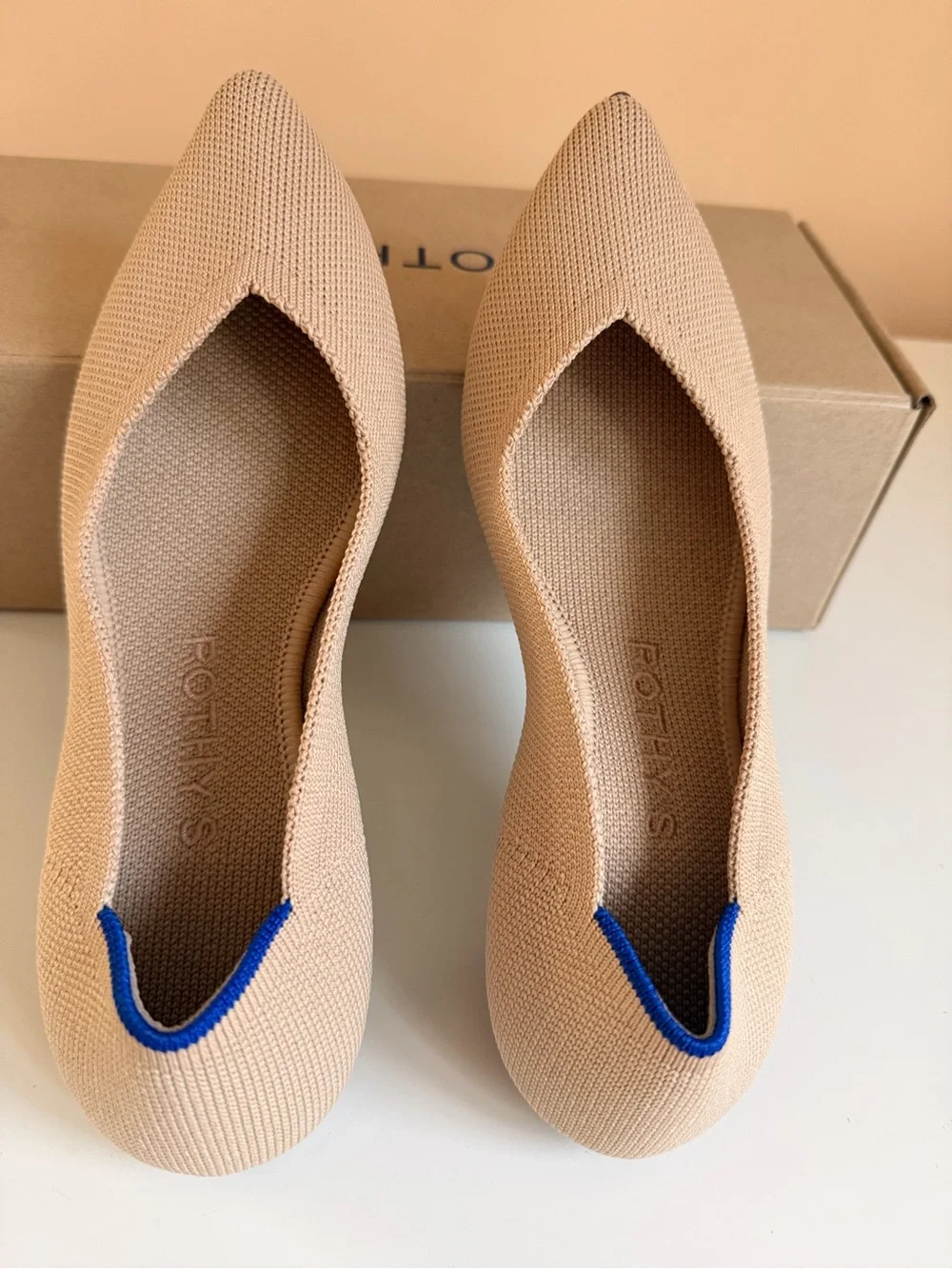 Rothy's Ecru Pointed Ballet Flats with Blue Trim